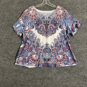 Kim Rogers Womens Boho Printed Shirt Size 3X Multi Color Artsy Short Sleeve